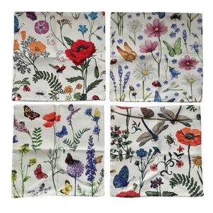 Set of 4 Floral and Butterfly Print Pillow Covers Square Pillowcases - 16 Inches